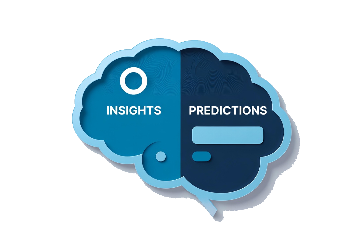 Illustration of AI brain with insights and predictions